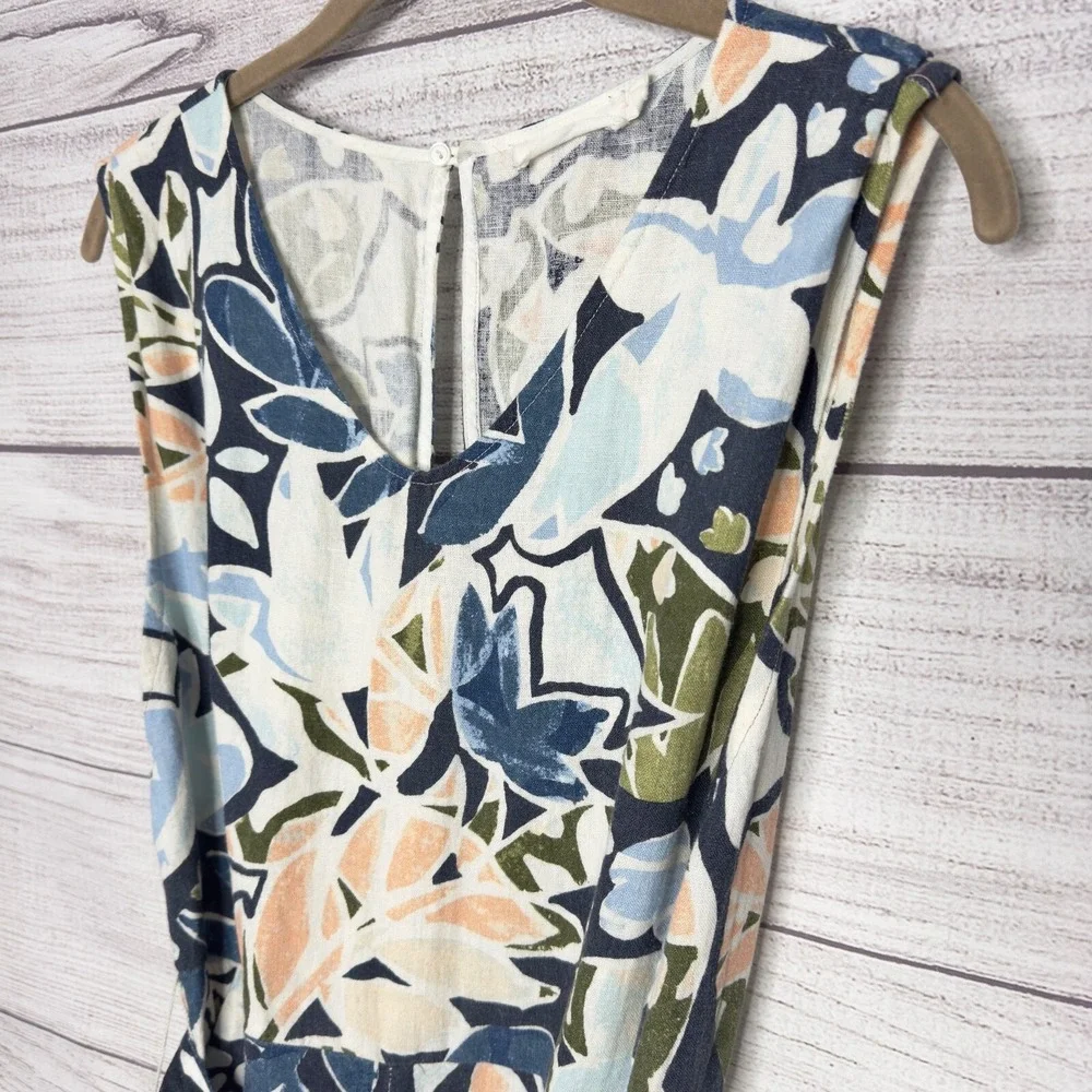 Lush Floral Print Sleeveless Linen Blend Romper with‎ Tie Waist Casual Chic sz L
